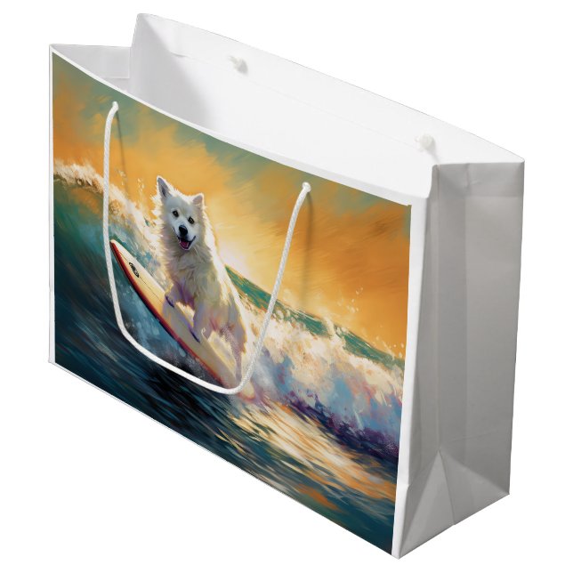 American Eskimo Beach Surfing Painting  Large Gift Bag (Front Angled)