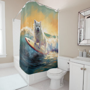 American Eskimo Beach Surfing Painting  Shower Curtain