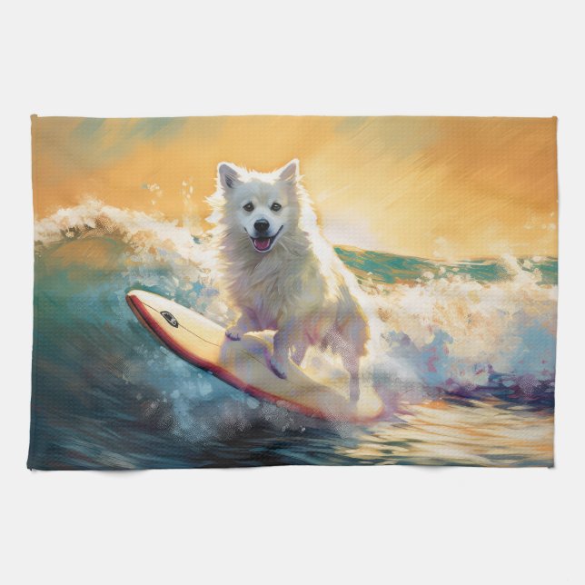 American Eskimo Beach Surfing Painting  Tea Towel (Horizontal)
