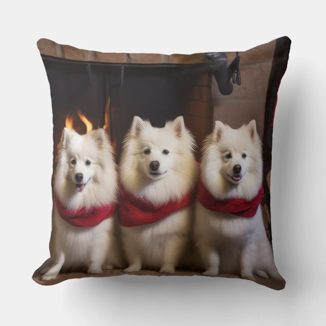 American Eskimo by the Fireplace Christmas Cushion (Front)
