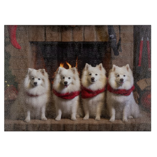 American Eskimo by the Fireplace Christmas Cutting Board (Front)