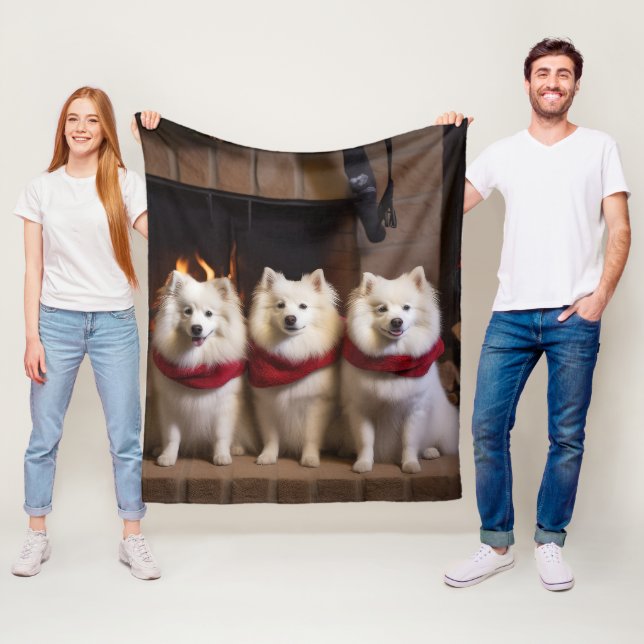 American Eskimo by the Fireplace Christmas Fleece Blanket (In Situ)