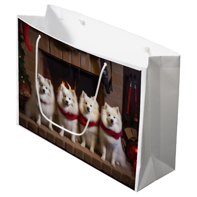 American Eskimo by the Fireplace Christmas Large Gift Bag (Front Angled)