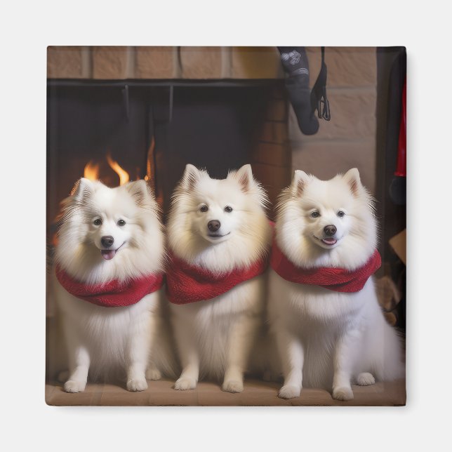 American Eskimo by the Fireplace Christmas Magnet (Front)