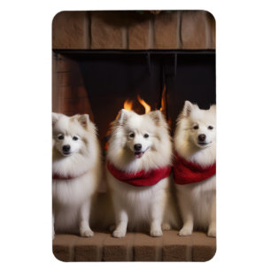 American Eskimo by the Fireplace Christmas Magnet