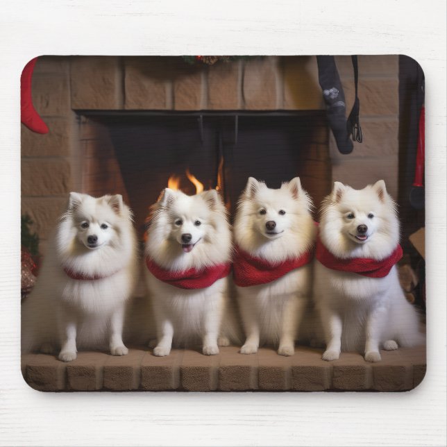 American Eskimo by the Fireplace Christmas Mouse Pad (Front)