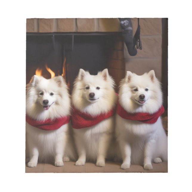 American Eskimo by the Fireplace Christmas Notepad (Front)