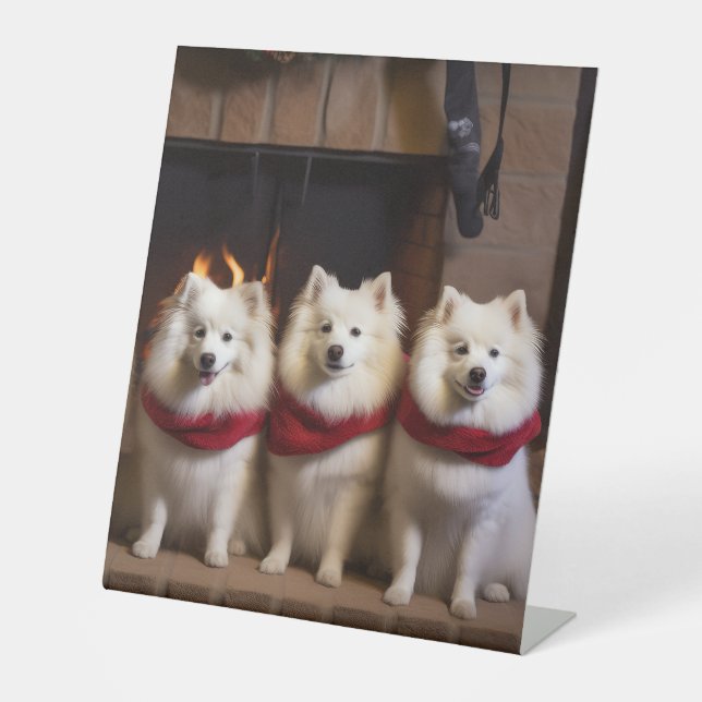 American Eskimo by the Fireplace Christmas Pedestal Sign (Front)