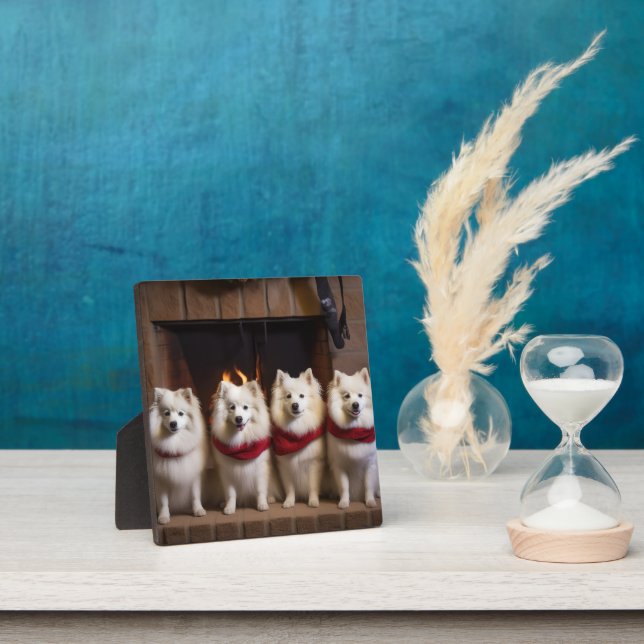 American Eskimo by the Fireplace Christmas Plaque (Insitu)