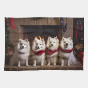 American Eskimo by the Fireplace Christmas Tea Towel
