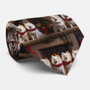 American Eskimo by the Fireplace Christmas Tie