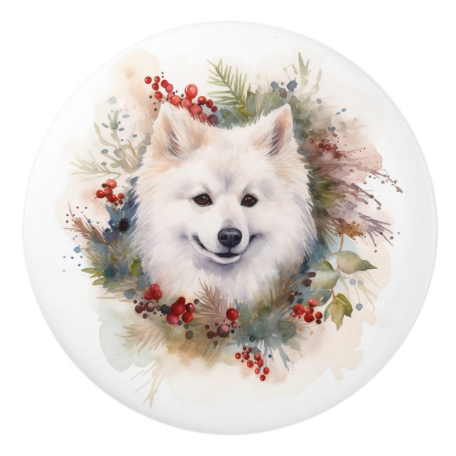 American Eskimo Christmas Wreath Festive Pup Ceramic Knob (Front)