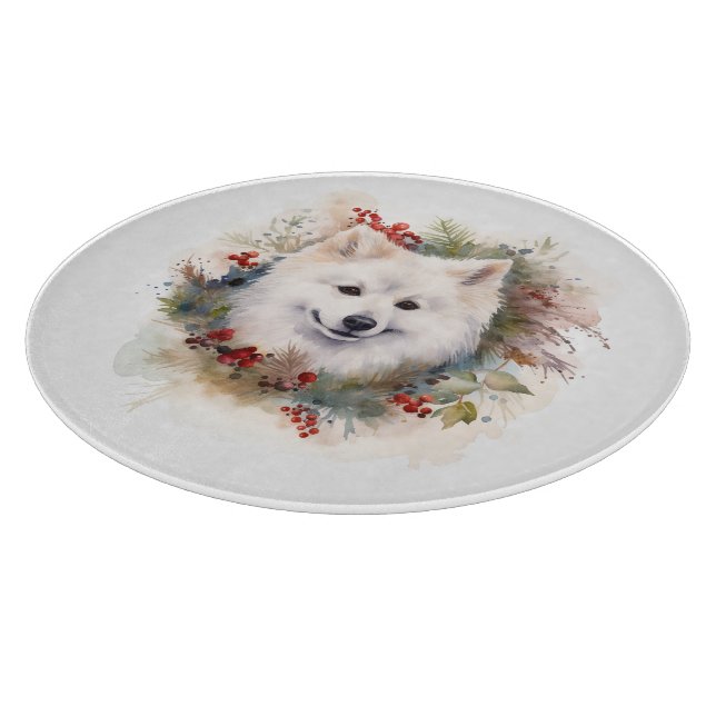 American Eskimo Christmas Wreath Festive Pup Cutting Board (Corner)