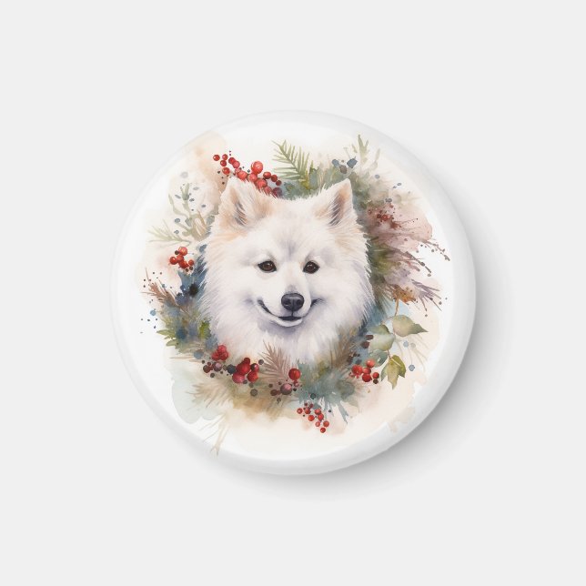 American Eskimo Christmas Wreath Festive Pup Magnet (Front)