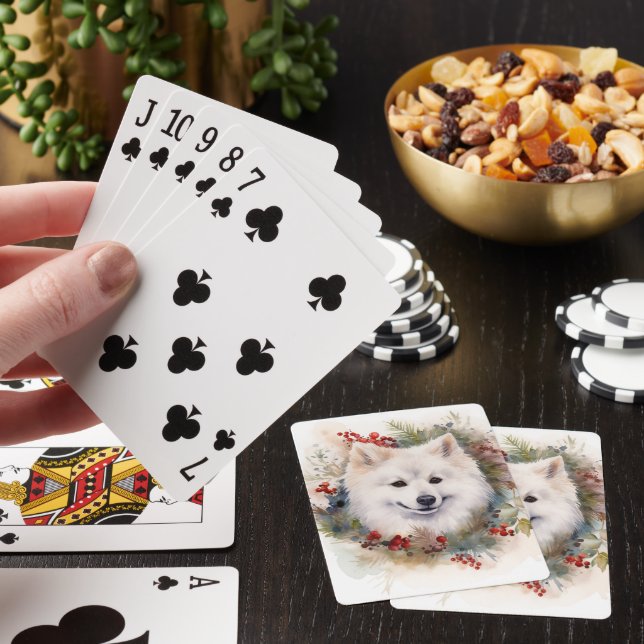 American Eskimo Christmas Wreath Festive Pup Playing Cards (In Situ)