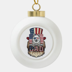 American Eskimo Dad Patriotic Vintage Dog Ceramic Ball Christmas Ornament