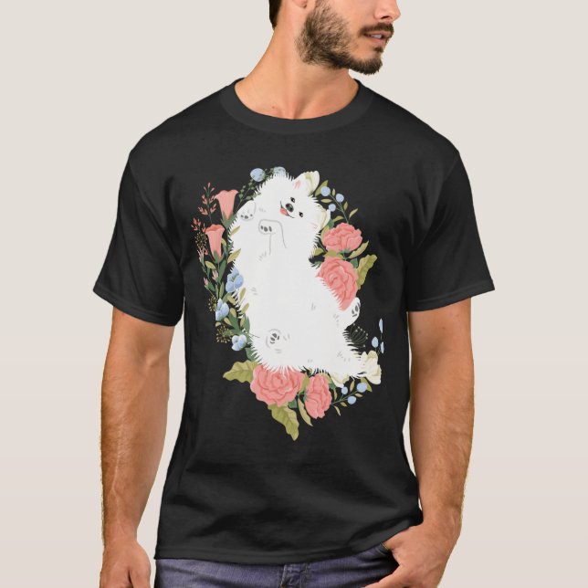 American Eskimo Dog And Flowers Pink Background T-Shirt (Front)