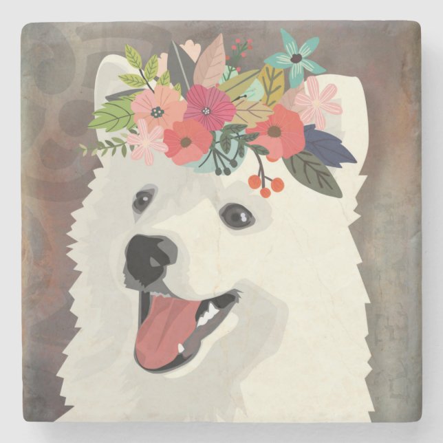 American Eskimo Dog Breed Flower Crown Stone Coaster (Front)