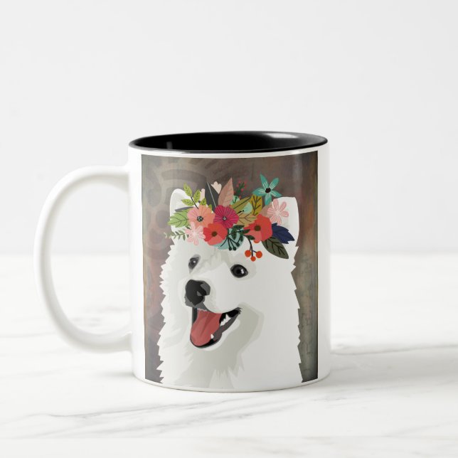 American Eskimo Dog Breed Flower Crown Two-Tone Coffee Mug (Left)