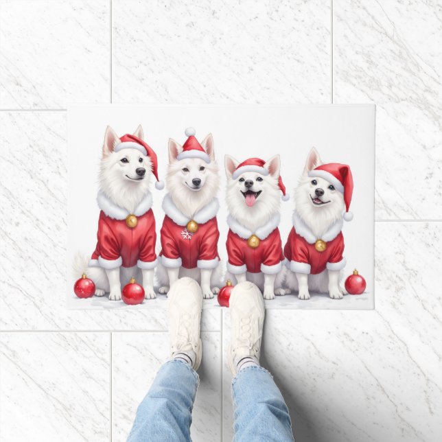American Eskimo Dog Christmas Dress Santa Hat Doormat (Indoor)