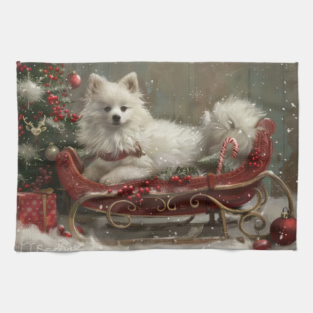 American Eskimo Dog Christmas Festive  Tea Towel (Horizontal)