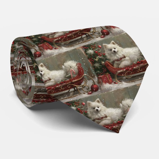 American Eskimo Dog Christmas Festive  Tie (Rolled)