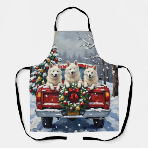 American Eskimo Dog Christmas Red Truck Holiday Apron