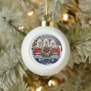 American Eskimo Dog Christmas Red Truck Holiday Ceramic Ball Christmas Ornament
