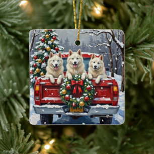 American Eskimo Dog Christmas Red Truck Holiday Ceramic Ornament