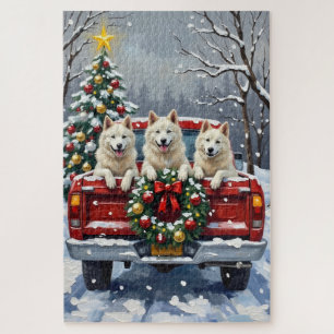 American Eskimo Dog Christmas Red Truck Holiday Jigsaw Puzzle