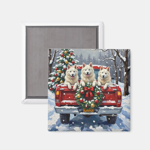 American Eskimo Dog Christmas Red Truck Holiday Magnet