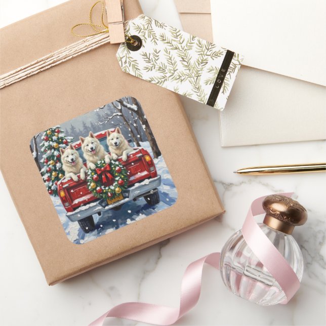 American Eskimo Dog Christmas Red Truck Holiday Square Sticker (Gifting)