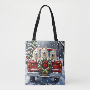American Eskimo Dog Christmas Red Truck Holiday Tote Bag