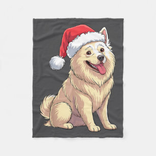 American Eskimo Dog Christmas Santa Hat Pet Dog Lo Fleece Blanket