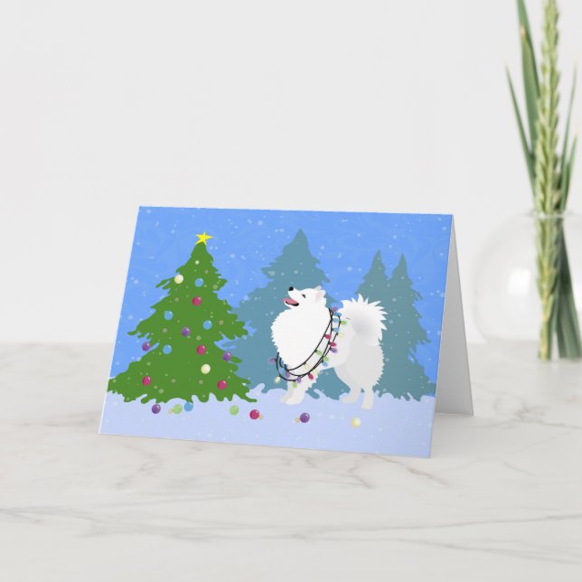 American Eskimo Dog Decorating Christmas Tree Holiday Card (Front)