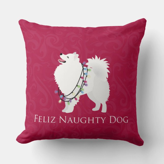 American Eskimo Dog Feliz Naughty Dog Christmas Cushion (Front)