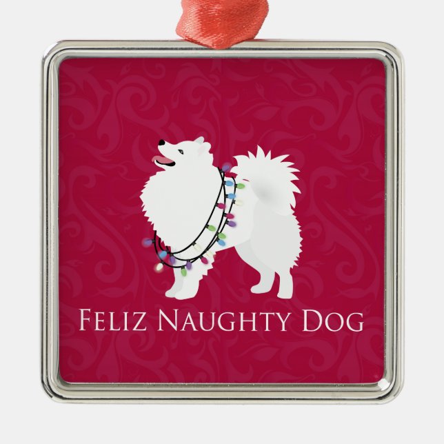American Eskimo Dog Feliz Naughty Dog Christmas Metal Ornament (Front)