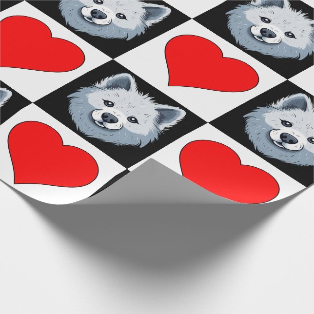 American Eskimo Dog Heart Pattern Cute Puppy Gift Wrapping Paper (Corner)
