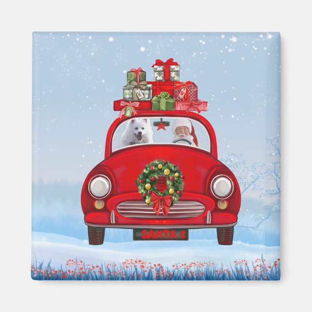American Eskimo Dog In Car With Santa Claus Magnet (Front)