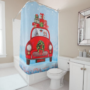 American Eskimo Dog In Car With Santa Claus  Shower Curtain