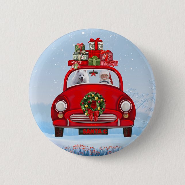 American Eskimo Dog In Car With Santa Clause  6 Cm Round Badge (Front)