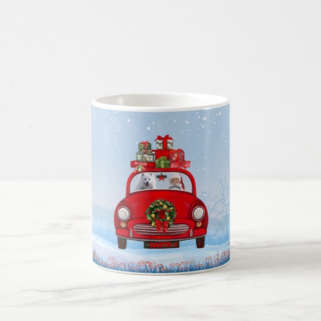 American Eskimo Dog In Car With Santa Clause  Coffee Mug (Center)