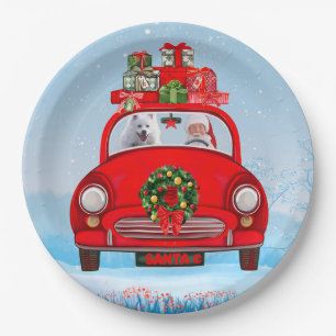American Eskimo Dog In Car With Santa Clause Paper Plate