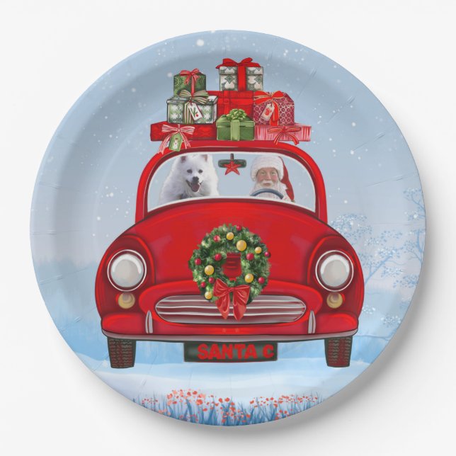 American Eskimo Dog In Car With Santa Clause  Paper Plate (Front)
