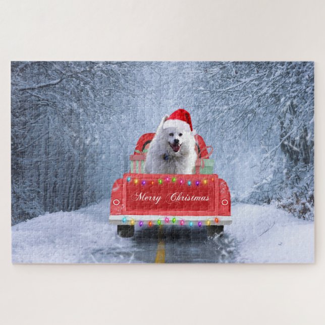 American Eskimo Dog in Snow sitting in Christmas  Jigsaw Puzzle (Horizontal)