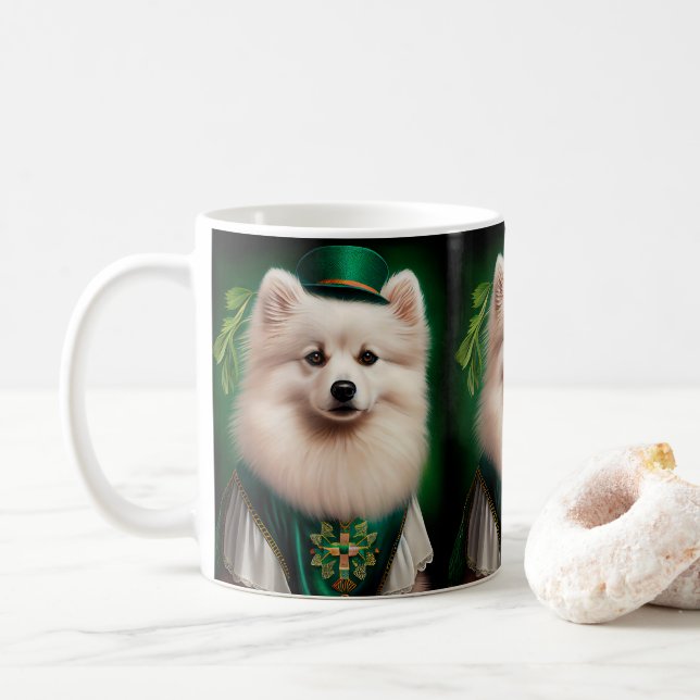 American Eskimo dog in St. Patrick's Day Dress Coffee Mug (With Donut)