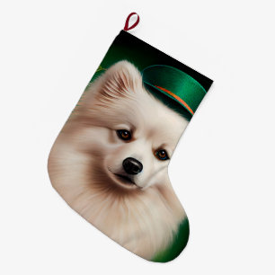 American Eskimo dog in St. Patrick's Day Dress Large Christmas Stocking