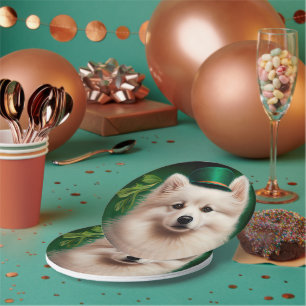 American Eskimo dog in St. Patrick's Day Dress Paper Plate