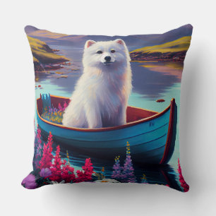 American Eskimo Dog on Paddle: A Scenic Adventure Cushion