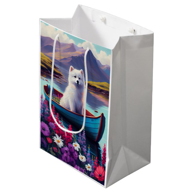 American Eskimo Dog on Paddle: A Scenic Adventure Medium Gift Bag (Front Angled)